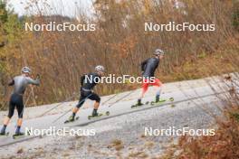 13.10.2024, Ramsau am Dachstein, Austria (AUT): Sebastian Stalder (SUI), Joscha Burkhalter (SUI), Niklas Hartweg (SUI), (l-r) - Biathlon summer training, Ramsau am Dachstein (AUT). www.nordicfocus.com. © Manzoni/NordicFocus. Every downloaded picture is fee-liable.