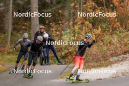 13.10.2024, Ramsau am Dachstein, Austria (AUT): Kein Einaste (EST), coach Team Switzerland, Sebastian Stalder (SUI), Joscha Burkhalter (SUI), Niklas Hartweg (SUI), (l-r) - Biathlon summer training, Ramsau am Dachstein (AUT). www.nordicfocus.com. © Manzoni/NordicFocus. Every downloaded picture is fee-liable.