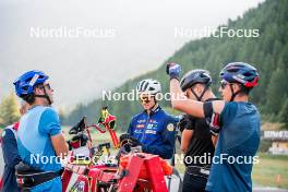 29.08.2024, Bessans, France (FRA): Oscar Lombardot (FRA), Eric Perrot, Emilien Jacquelin (FRA), Quentin Fillon-Maillet (FRA), (l-r) - Biathlon summer training, Bessans (FRA). www.nordicfocus.com. © Authamayou/NordicFocus. Every downloaded picture is fee-liable.