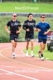 03.07.2024, Saint-Claude, France (FRA): Emilien Jacquelin (FRA), Eric Perrot (FRA), Oscar Lombardot (FRA), (l-r) - Biathlon summer training, Premanon (FRA). www.nordicfocus.com. © Manzoni/NordicFocus. Every downloaded picture is fee-liable.