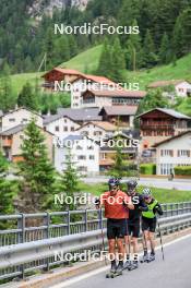 27.06.2024, Juf, Switzerland (SUI): Joscha Burkhalter (SUI), Gion Stalder (SUI), Sebastian Stalder (SUI), (l-r) - Biathlon summer training, Juf (SUI). www.nordicfocus.com. © Manzoni/NordicFocus. Every downloaded picture is fee-liable.