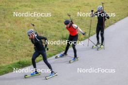 16.09.2024, Lenzerheide, Switzerland (SUI): Sebastian Stalder (SUI), Sandro Bovisi (SUI), Niklas Hartweg (SUI), (l-r) - Biathlon summer training, Lenzerheide (SUI). www.nordicfocus.com. © Manzoni/NordicFocus. Every downloaded picture is fee-liable.