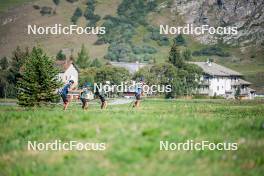 28.08.2024, Bessans, France (FRA): Emilien Jacquelin (FRA), Oscar Lombardot (FRA), Eric Perrot, Quentin Fillon-Maillet (FRA), (l-r) - Biathlon summer training, Bessans (FRA). www.nordicfocus.com. © Authamayou/NordicFocus. Every downloaded picture is fee-liable.