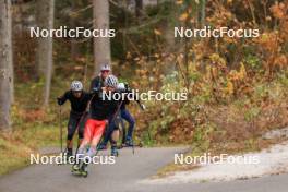 13.10.2024, Ramsau am Dachstein, Austria (AUT): Kein Einaste (EST), coach Team Switzerland, Sebastian Stalder (SUI), Joscha Burkhalter (SUI), Niklas Hartweg (SUI), (l-r) - Biathlon summer training, Ramsau am Dachstein (AUT). www.nordicfocus.com. © Manzoni/NordicFocus. Every downloaded picture is fee-liable.