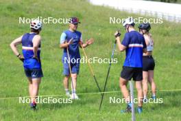 15.07.2024, Lenzerheide, Switzerland (SUI): Bjorn Westervelt (USA), Armin Auchentaller (ITA), Coach Team USA, Nikolas Burkhart (USA), Grace Castonguay (USA), (l-r) - Biathlon summer training, Lenzerheide (SUI). www.nordicfocus.com. © Manzoni/NordicFocus. Every downloaded picture is fee-liable.