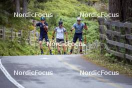 27.08.2024, Martell, Italy (ITA): Lukas Hofer (ITA), Patrick Braunhofer (ITA), Didier Bionaz (ITA), (l-r) - Biathlon summer training, Martell (ITA). www.nordicfocus.com. © Vanzetta/NordicFocus. Every downloaded picture is fee-liable.