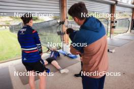 11.06.2024, Premanon, France (FRA): Jeanne Richard (FRA), Sophie Chauveau (FRA), Cyril Burdet (FRA), coach Team France, Patrick Favre (ITA), (l-r) - Biathlon summer training, Premanon (FRA). www.nordicfocus.com. © Manzoni/NordicFocus. Every downloaded picture is fee-liable.