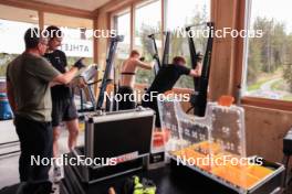 20.05.2024, Lenzerheide, Switzerland (SUI): Andreas Kuppelwieser (ITA), coach Team Switzerland, Kein Einaste (EST), Gion Stalder (SUI), Sebastian Stalder (SUI), (l-r) - Biathlon summer training, Lenzerheide (SUI). www.nordicfocus.com. © Manzoni/NordicFocus. Every downloaded picture is fee-liable.