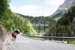 27.06.2024, Juf, Switzerland (SUI): Sebastian Stalder (SUI), Gion Stalder (SUI), Joscha Burkhalter (SUI), (l-r) - Biathlon summer training, Juf (SUI). www.nordicfocus.com. © Manzoni/NordicFocus. Every downloaded picture is fee-liable.