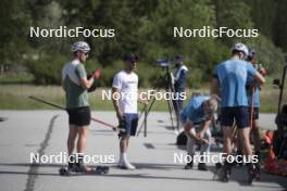 18.06.2024, Correncon-en-Vercors, France (FRA): Fabien Claude (FRA), Simon Fourcade (FRA), Jean-Pierre Amat (FRA), Olympic Champion and shooting coach Team France, Emilien Jacquelin (FRA), Quentin Fillon Maillet (FRA), (l-r) - Biathlon summer training, Correncon-en-Vercors (FRA). www.nordicfocus.com. © Joly/NordicFocus. Every downloaded picture is fee-liable.