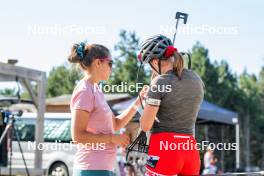 17.08.2024, Font-Romeu, France (FRA): Claire Breton (FRA), Coach Team France, Eva Laine (FRA), (l-r) - Biathlon summer training, Font-Romeu (FRA). www.nordicfocus.com. © Authamayou/NordicFocus. Every downloaded picture is fee-liable.