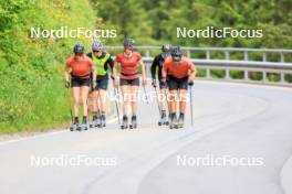 27.06.2024, Juf, Switzerland (SUI): Aita Gasparin (SUI), Joscha Burkhalter (SUI), Sebastian Stalder (SUI), Gion Stalder (SUI), Elisa Gasparin (SUI), (l-r) - Biathlon summer training, Juf (SUI). www.nordicfocus.com. © Manzoni/NordicFocus. Every downloaded picture is fee-liable.