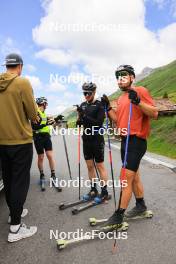 27.06.2024, Juf, Switzerland (SUI): Kein Einaste (EST), coach Team Switzerland, Sebastian Stalder (SUI), Gion Stalder (SUI), Joscha Burkhalter (SUI), (l-r) - Biathlon summer training, Juf (SUI). www.nordicfocus.com. © Manzoni/NordicFocus. Every downloaded picture is fee-liable.