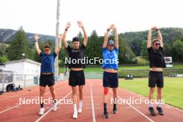 03.07.2024, Saint-Claude, France (FRA): Oscar Lombardot (FRA), Eric Perrot (FRA), Fabien Claude (FRA), Romain Hurtault (FRA), (l-r) - Biathlon summer training, Premanon (FRA). www.nordicfocus.com. © Manzoni/NordicFocus. Every downloaded picture is fee-liable.