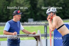 15.07.2024, Lenzerheide, Switzerland (SUI): Armin Auchentaller (ITA), Coach Team USA, Maxime Germain (USA), (l-r) - Biathlon summer training, Lenzerheide (SUI). www.nordicfocus.com. © Manzoni/NordicFocus. Every downloaded picture is fee-liable.