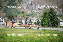 28.08.2024, Bessans, France (FRA): Quentin Fillon-Maillet (FRA), Emilien Jacquelin (FRA), Oscar Lombardot (FRA), Eric Perrot, (l-r) - Biathlon summer training, Bessans (FRA). www.nordicfocus.com. © Authamayou/NordicFocus. Every downloaded picture is fee-liable.