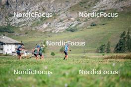 28.08.2024, Bessans, France (FRA): Emilien Jacquelin (FRA), Oscar Lombardot (FRA), Eric Perrot, Quentin Fillon-Maillet (FRA), (l-r) - Biathlon summer training, Bessans (FRA). www.nordicfocus.com. © Authamayou/NordicFocus. Every downloaded picture is fee-liable.