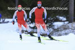 07.11.2024, Davos, Switzerland (SUI): Joscha Burkhalter (SUI), Niklas Hartweg (SUI), (l-r) - Biathlon training, snowfarming track, Davos (SUI). www.nordicfocus.com. © Manzoni/NordicFocus. Every downloaded picture is fee-liable.