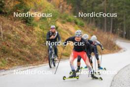 13.10.2024, Ramsau am Dachstein, Austria (AUT): Kein Einaste (EST), coach Team Switzerland, Sebastian Stalder (SUI), Joscha Burkhalter (SUI), Niklas Hartweg (SUI), (l-r) - Biathlon summer training, Ramsau am Dachstein (AUT). www.nordicfocus.com. © Manzoni/NordicFocus. Every downloaded picture is fee-liable.