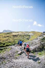 28.08.2024, Bessans, France (FRA): Oscar Lombardot (FRA), Emilien Jacquelin (FRA), Simon Fourcade (FRA), Coach Team France, Quentin Fillon-Maillet (FRA), (l-r) - Biathlon summer training, Bessans (FRA). www.nordicfocus.com. © Authamayou/NordicFocus. Every downloaded picture is fee-liable.