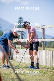 28.08.2024, Bessans, France (FRA): Jean-Paul Giachino (FRA), Coach Team France, Julia Simon (FRA), (l-r) - Biathlon summer training, Bessans (FRA). www.nordicfocus.com. © Authamayou/NordicFocus. Every downloaded picture is fee-liable.