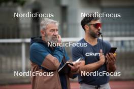 15.06.2024, Grenoble, France (FRA): Jean-Pierre Amat (FRA), Olympic Champion and shooting coach Team France, Simon Fourcade (FRA), (l-r) - Biathlon summer training, Grenoble (FRA). www.nordicfocus.com. © Joly/NordicFocus. Every downloaded picture is fee-liable.