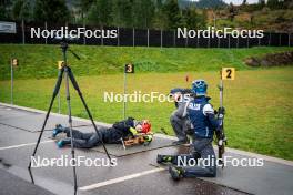 27.09.2024, Lavaze, Italy (ITA): Lisa Vittozzi (ITA), Jonne Kahkonen (FIN), coach Team Italy, Lukas Hofer (ITA), (l-r) - Biathlon summer training, Lavaze (ITA). www.nordicfocus.com. © Barbieri/NordicFocus. Every downloaded picture is fee-liable.