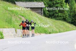 27.06.2024, Juf, Switzerland (SUI): Joscha Burkhalter (SUI), Gion Stalder (SUI), Sebastian Stalder (SUI), (l-r) - Biathlon summer training, Juf (SUI). www.nordicfocus.com. © Manzoni/NordicFocus. Every downloaded picture is fee-liable.