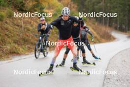 13.10.2024, Ramsau am Dachstein, Austria (AUT): Kein Einaste (EST), coach Team Switzerland, Sebastian Stalder (SUI), Joscha Burkhalter (SUI), Niklas Hartweg (SUI), (l-r) - Biathlon summer training, Ramsau am Dachstein (AUT). www.nordicfocus.com. © Manzoni/NordicFocus. Every downloaded picture is fee-liable.