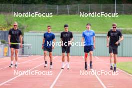 03.07.2024, Saint-Claude, France (FRA): Emilien Jacquelin (FRA), Oscar Lombardot (FRA), Eric Perrot (FRA), Fabien Claude (FRA), Romain Hurtault (FRA), (l-r) - Biathlon summer training, Premanon (FRA). www.nordicfocus.com. © Manzoni/NordicFocus. Every downloaded picture is fee-liable.