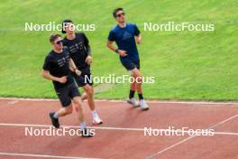 03.07.2024, Saint-Claude, France (FRA): Romain Hurtault (FRA), Eric Perrot (FRA), Oscar Lombardot (FRA), (l-r) - Biathlon summer training, Premanon (FRA). www.nordicfocus.com. © Manzoni/NordicFocus. Every downloaded picture is fee-liable.