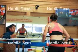11.06.2024, Premanon, France (FRA): Cyril Burdet (FRA), coach Team France, Julia Simon (FRA), (l-r) - Biathlon summer training, Premanon (FRA). www.nordicfocus.com. © Manzoni/NordicFocus. Every downloaded picture is fee-liable.