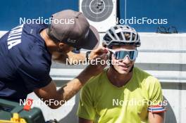 27.08.2024, Martell, Italy (ITA): Andrea Zattoni (ITA), coach Team Italy, Elia Zeni (ITA), (l-r) - Biathlon summer training, Martell (ITA). www.nordicfocus.com. © Vanzetta/NordicFocus. Every downloaded picture is fee-liable.