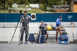 27.08.2024, Martell, Italy (ITA): Fabio Cianciana (ITA), coach Team Italy, Lukas Hofer (ITA), Dorothea Wierer (ITA), (l-r) - Biathlon summer training, Martell (ITA). www.nordicfocus.com. © Vanzetta/NordicFocus. Every downloaded picture is fee-liable.