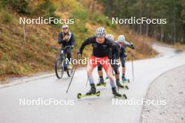 13.10.2024, Ramsau am Dachstein, Austria (AUT): Kein Einaste (EST), coach Team Switzerland, Sebastian Stalder (SUI), Joscha Burkhalter (SUI), Niklas Hartweg (SUI), (l-r) - Biathlon summer training, Ramsau am Dachstein (AUT). www.nordicfocus.com. © Manzoni/NordicFocus. Every downloaded picture is fee-liable.