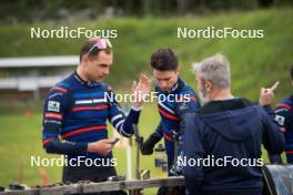 15.06.2024, Correncon-en-Vercors, France (FRA): Emilien Jacquelin (FRA), Eric Perrot (FRA), Jean-Pierre Amat (FRA), Olympic Champion and shooting coach Team France, (l-r) - Biathlon summer training, Correncon-en-Vercors (FRA). www.nordicfocus.com. © Joly/NordicFocus. Every downloaded picture is fee-liable.