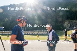 29.08.2024, Bessans, France (FRA): Quentin Fillon-Maillet (FRA), Jean-Pierre Amat (FRA), Coach Team France, (l-r) - Biathlon summer training, Bessans (FRA). www.nordicfocus.com. © Authamayou/NordicFocus. Every downloaded picture is fee-liable.