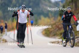 11.10.2024, Ramsau am Dachstein, Austria (AUT): Matthias Riebli (SUI), Silvano Demarmels (SUI), Daniel Hackhofer (ITA), coach Team Switzerland, (l-r) - Biathlon summer training, Dachsteinglacier, Ramsau am Dachstein (AUT). www.nordicfocus.com. © Manzoni/NordicFocus. Every downloaded picture is fee-liable.