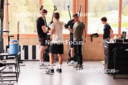 20.05.2024, Lenzerheide, Switzerland (SUI): Kein Einaste (EST), coach Team Switzerland, Joscha Burkhalter (SUI), Andreas Kuppelwieser (ITA), Sandra Flunger (AUT) coach Team Switzerland, (l-r) - Biathlon summer training, Lenzerheide (SUI). www.nordicfocus.com. © Manzoni/NordicFocus. Every downloaded picture is fee-liable.