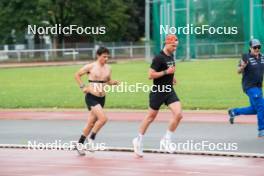 15.06.2024, Grenoble, France (FRA): Oscar Lombardot (FRA), Emilien Jacquelin (FRA), Lionel Laurent (FRA), media coordinator Team France, (l-r) - Biathlon summer training, Grenoble (FRA). www.nordicfocus.com. © Joly/NordicFocus. Every downloaded picture is fee-liable.