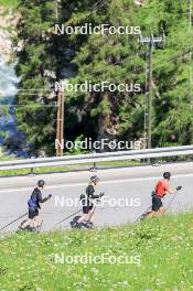 27.06.2024, Juf, Switzerland (SUI): Gion Stalder (SUI), Sebastian Stalder (SUI), Joscha Burkhalter (SUI), (l-r) - Biathlon summer training, Juf (SUI). www.nordicfocus.com. © Manzoni/NordicFocus. Every downloaded picture is fee-liable.