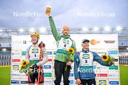 15.09.2024, Dresden, Germany (GER): Johannes Thingnes Boe (NOR), Jakov Fak (SLO), Justus Strelow (GER), (l-r) - City Biathlon - Dresden (GER). www.nordicfocus.com. © Reichert/NordicFocus. Every downloaded picture is fee-liable.