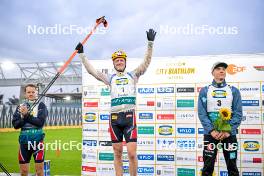 15.09.2024, Dresden, Germany (GER): Tarjei Boe (NOR), Johannes Thingnes Boe (NOR), Justus Strelow (GER), (l-r) - City Biathlon - Dresden (GER). www.nordicfocus.com. © Reichert/NordicFocus. Every downloaded picture is fee-liable.