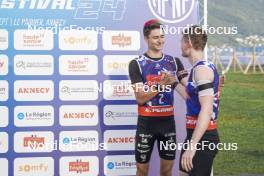 31.08.2024, Annecy, France (FRA): Eric Perrot (FRA), Sebastian Stalder (SUI), (l-r)  - Martin Fourcade Nordic Festival Biathlon, Annecy (FRA). www.nordicfocus.com. © Thibaut/NordicFocus. Every downloaded picture is fee-liable.