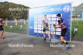 31.08.2024, Annecy, France (FRA): Emilien Jacquelin (FRA), Sebastian Stalder (SUI), Eric Perrot (FRA), (l-r) - Martin Fourcade Nordic Festival Biathlon, Annecy (FRA). www.nordicfocus.com. © Manzoni/NordicFocus. Every downloaded picture is fee-liable.