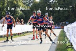 31.08.2024, Annecy, France (FRA): Quentin Fillon Maillet (FRA), Eric Perrot (FRA), Filip Fjeld Andersen (NOR), (l-r) - Martin Fourcade Nordic Festival Biathlon, Annecy (FRA). www.nordicfocus.com. © Manzoni/NordicFocus. Every downloaded picture is fee-liable.