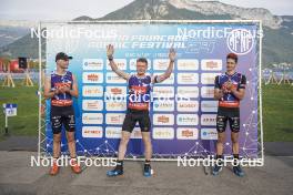 31.08.2024, Annecy, France (FRA): Emilien Jacquelin (FRA), Sebastian Stalder (SUI), Eric Perrot (FRA), (l-r)  - Martin Fourcade Nordic Festival Biathlon, Annecy (FRA). www.nordicfocus.com. © Thibaut/NordicFocus. Every downloaded picture is fee-liable.