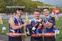 31.08.2024, Annecy, France (FRA): Emilien Jacquelin (FRA), Sebastian Stalder (SUI), Eric Perrot (FRA), (l-r)  - Martin Fourcade Nordic Festival Biathlon, Annecy (FRA). www.nordicfocus.com. © Thibaut/NordicFocus. Every downloaded picture is fee-liable.