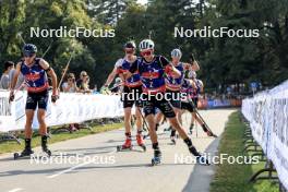 31.08.2024, Annecy, France (FRA): Quentin Fillon Maillet (FRA), Johannes Kuehn (GER), Eric Perrot (FRA), (l-r) - Martin Fourcade Nordic Festival Biathlon, Annecy (FRA). www.nordicfocus.com. © Manzoni/NordicFocus. Every downloaded picture is fee-liable.