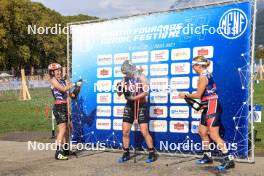 31.08.2024, Annecy, France (FRA): Justine Braisaz-Bouchet (FRA), Julia Simon (FRA), Ingrid Landmark Tandrevold (NOR), (l-r) - Martin Fourcade Nordic Festival Biathlon, Annecy (FRA). www.nordicfocus.com. © Manzoni/NordicFocus. Every downloaded picture is fee-liable.